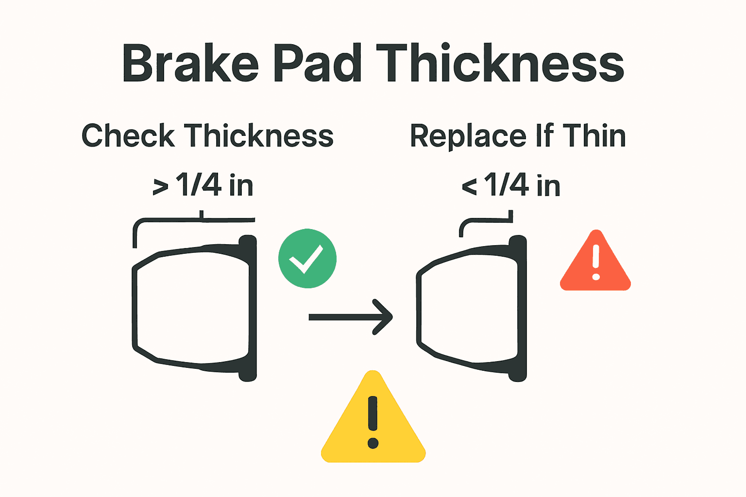 Infographic comparing safe and unsafe brake pad thickness.