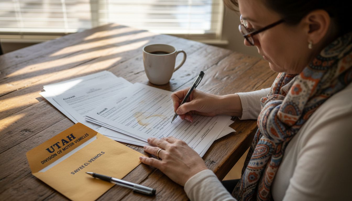 Woman completing Utah rebuilt title documents