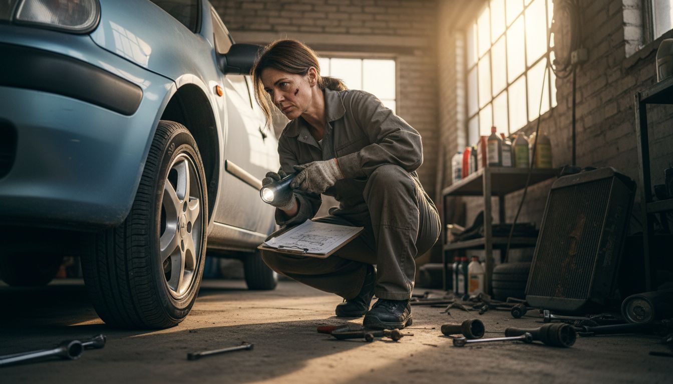 Mechanic checks used car undercarriage repairs