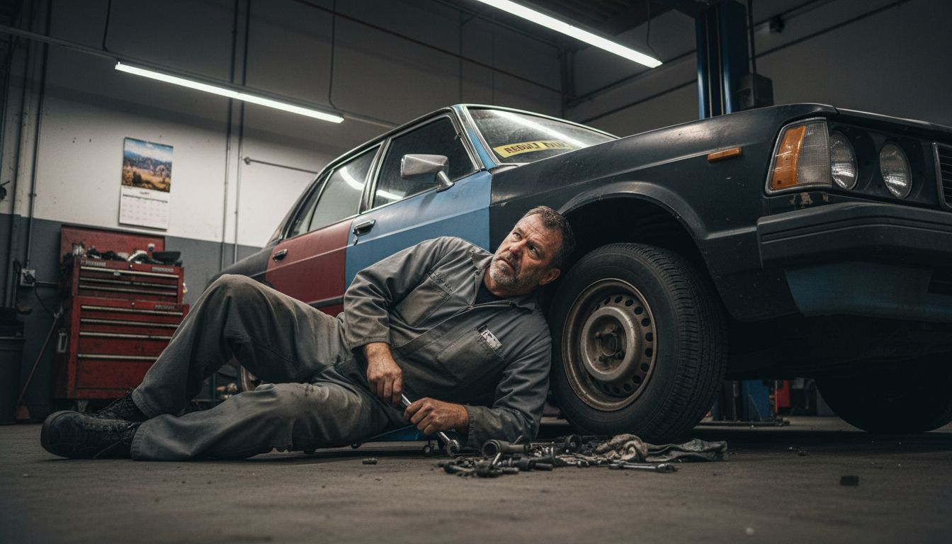 Mechanic inspecting rebuilt car in Utah workshop