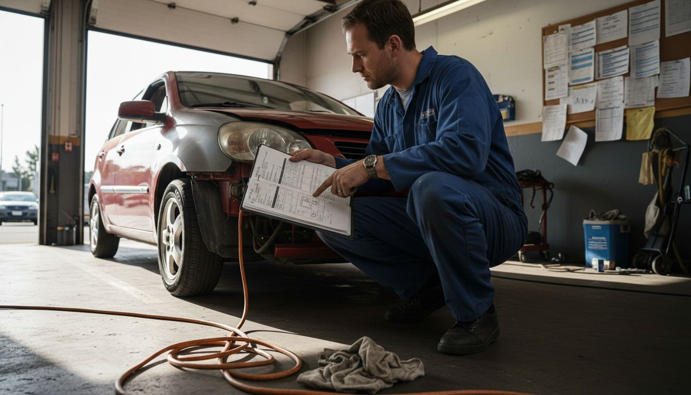 Mechanic reviewing repairs on rebuilt vehicle