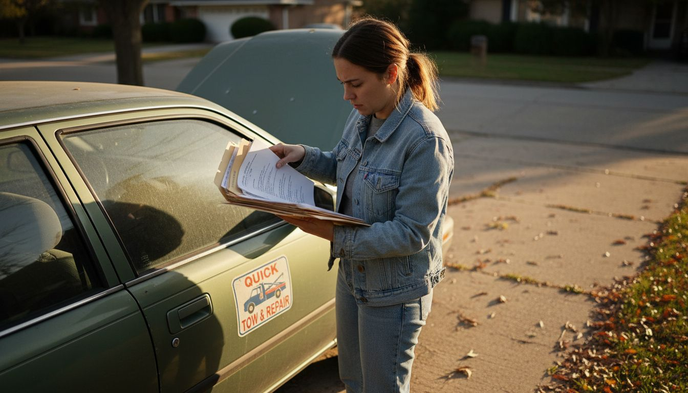 Woman checks repair papers beside damaged car