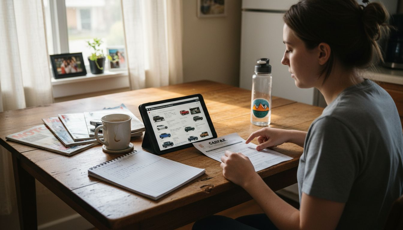 Person browsing online car listings at table
