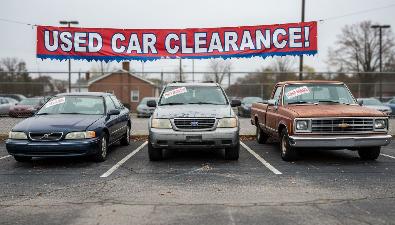 Three rebuilt cars with type labels in lot