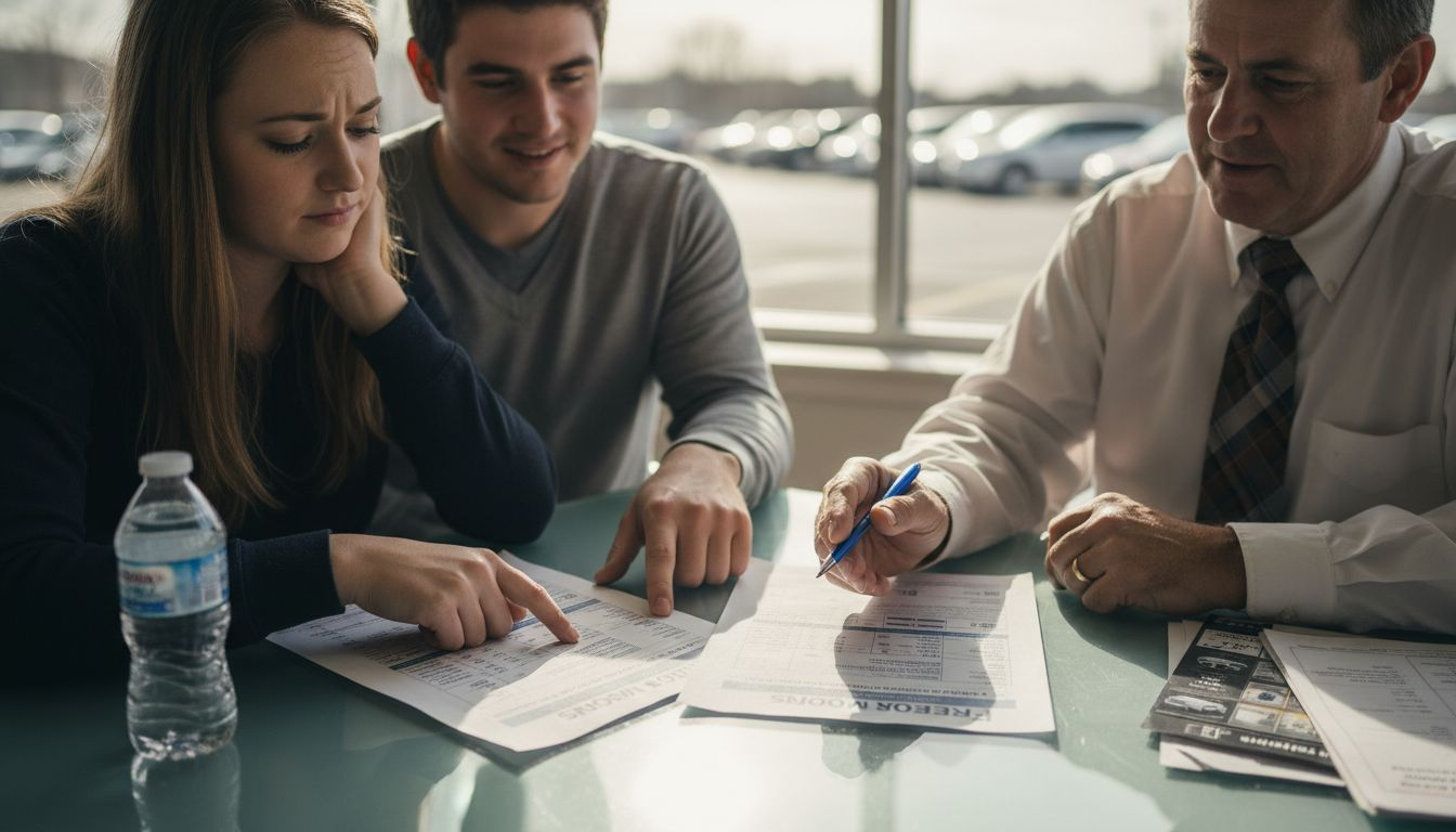Car buyers reviewing price comparison sheet