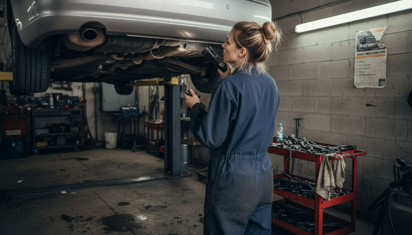 Mechanic inspecting undercarriage of lifted sedan