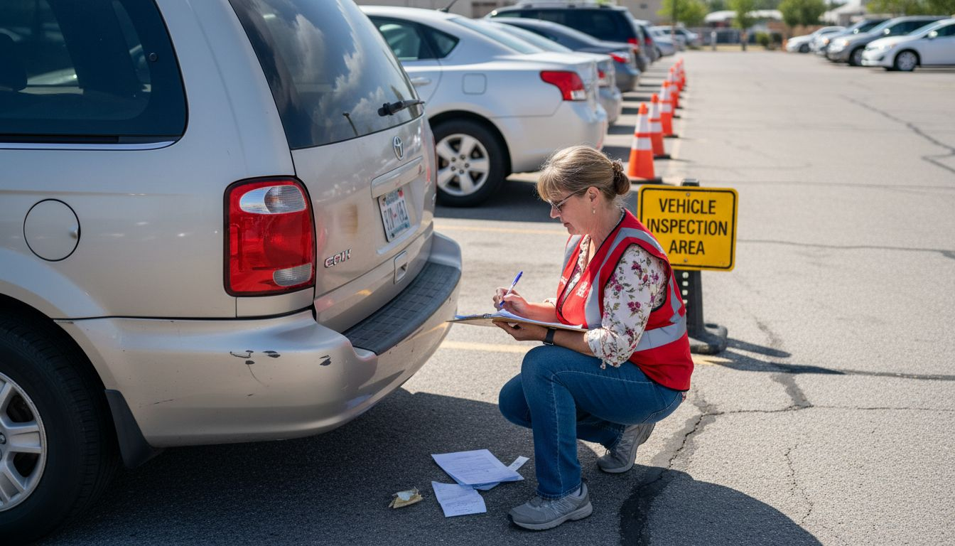 DMV inspector evaluating rebuilt minivan Utah