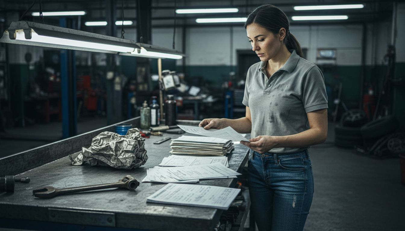 Technician inspecting car title documents