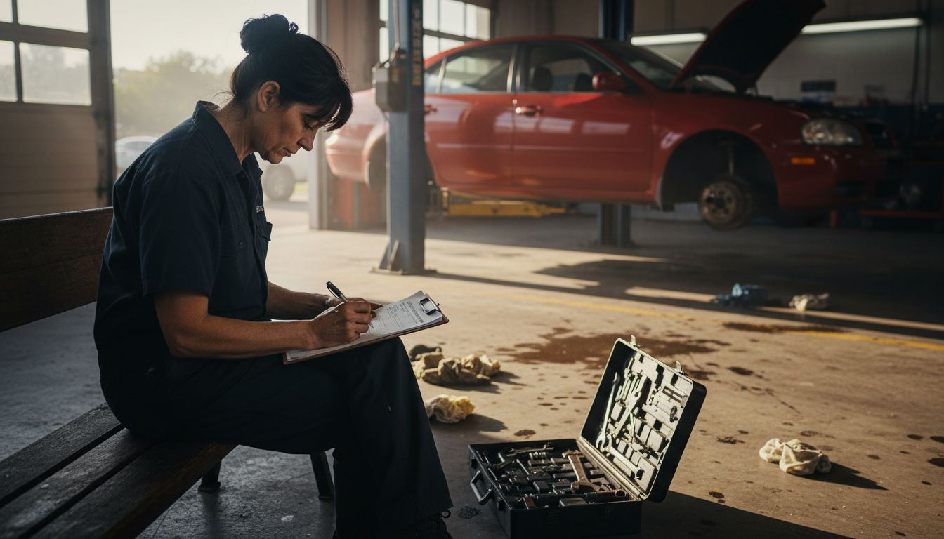 Mechanic completing rebuilt car inspection paperwork
