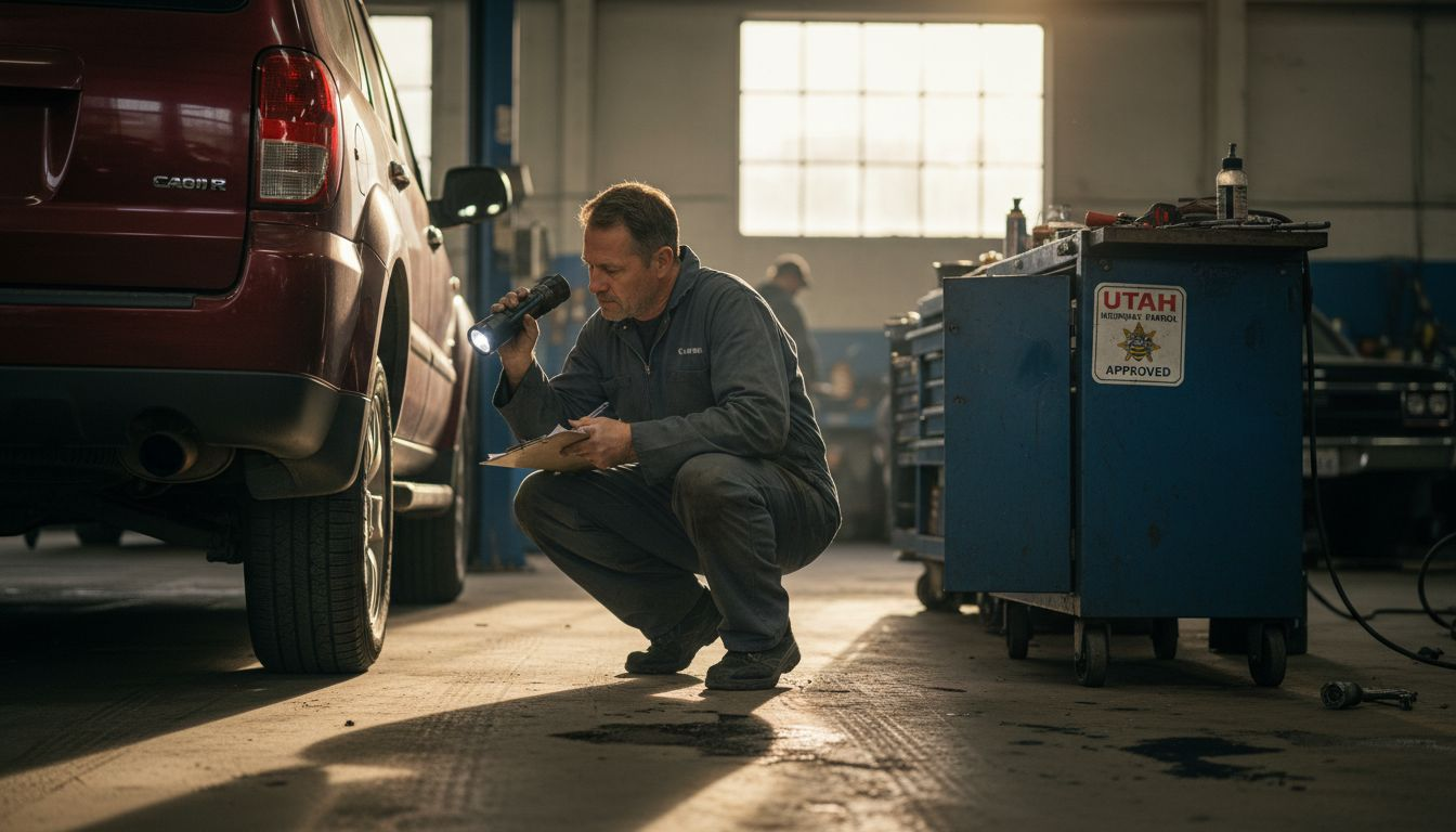 Mechanic inspecting rebuilt SUV in Utah garage