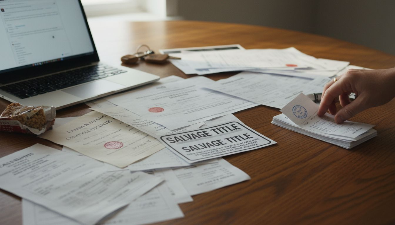 Vehicle inspection and repair documents on table