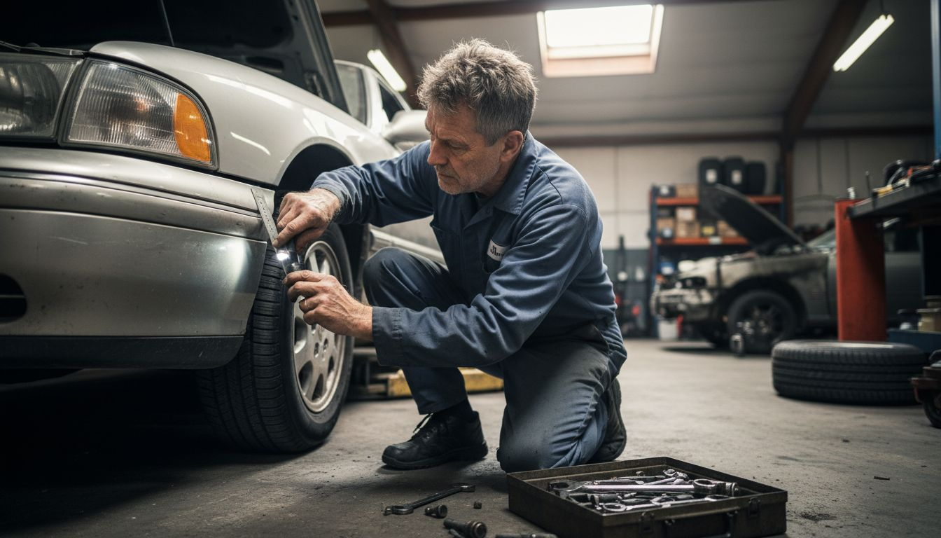 Mechanic checking vehicle panel alignment