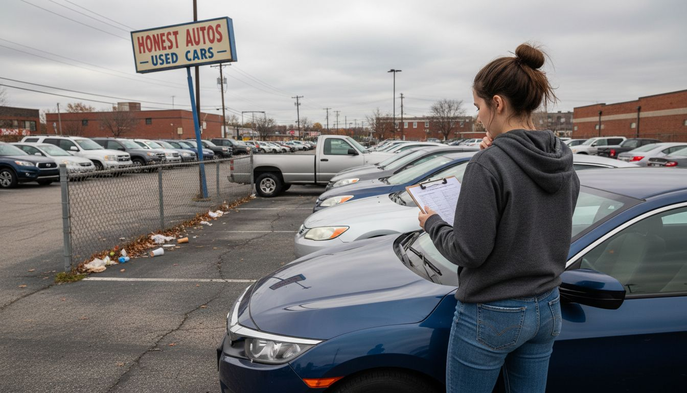 Woman inspects rebuilt title car at dealership