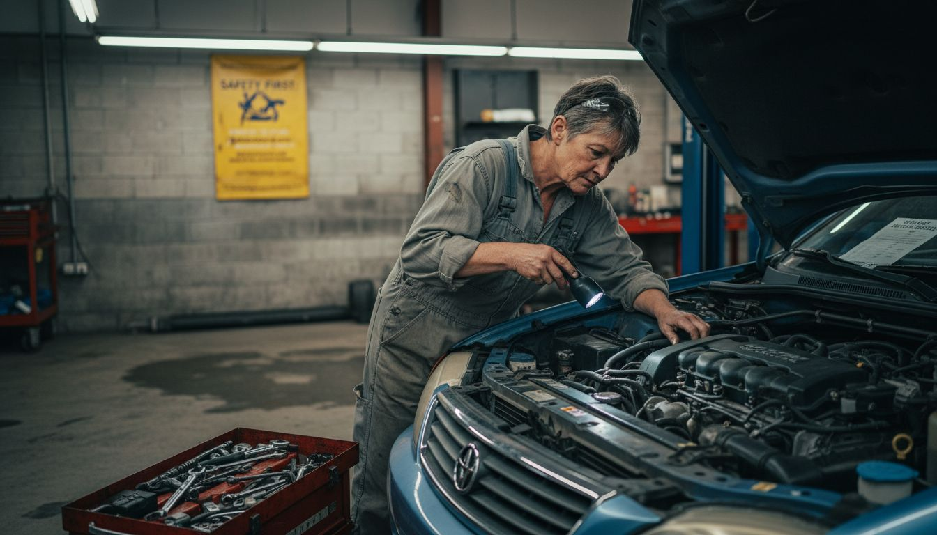 Mechanic checking rebuilt title car inspection