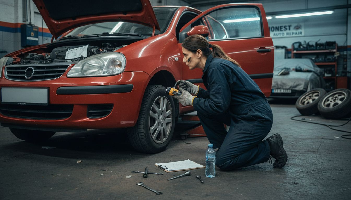 Mechanic inspecting rebuilt car under workshop light