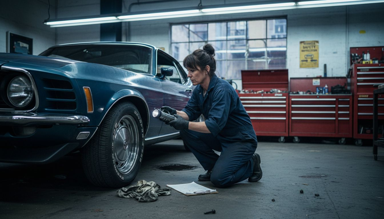 Mechanic inspects rebuilt car undercarriage