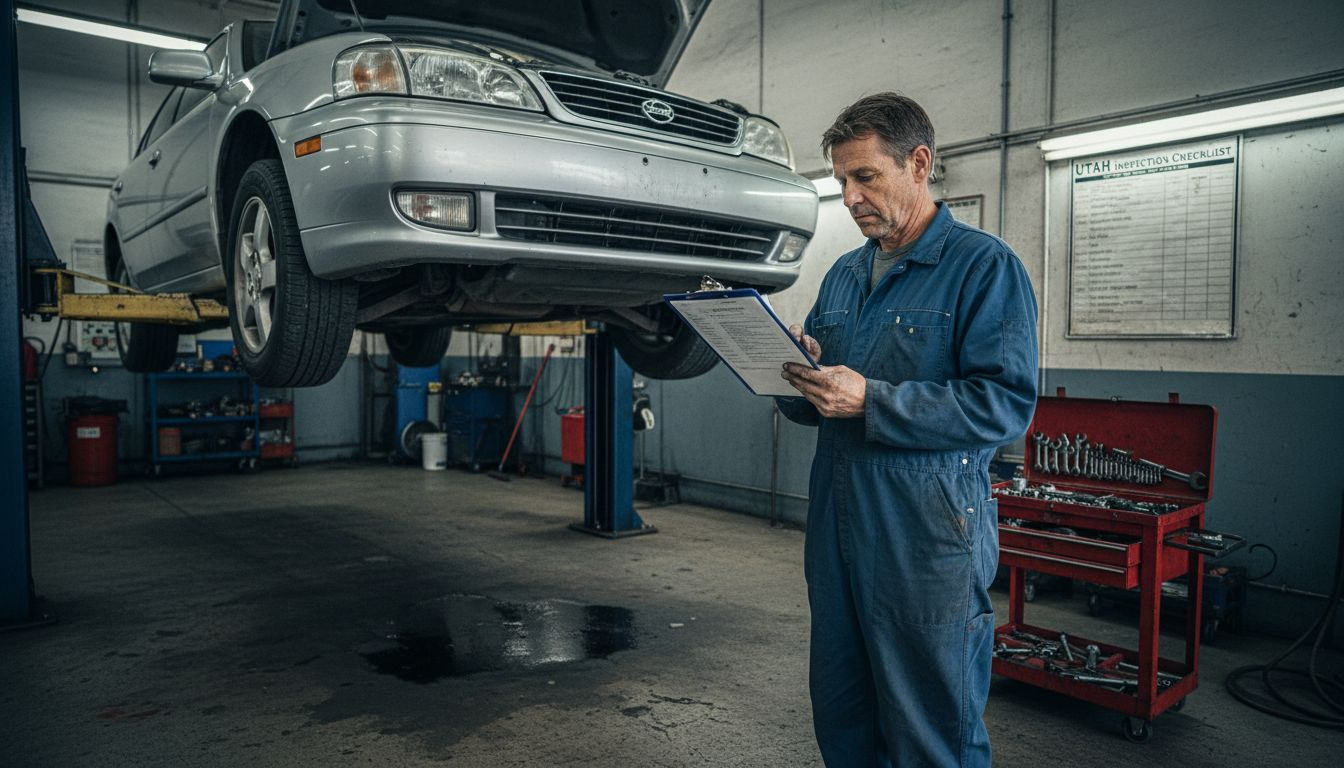Mechanic inspecting car in repair shop