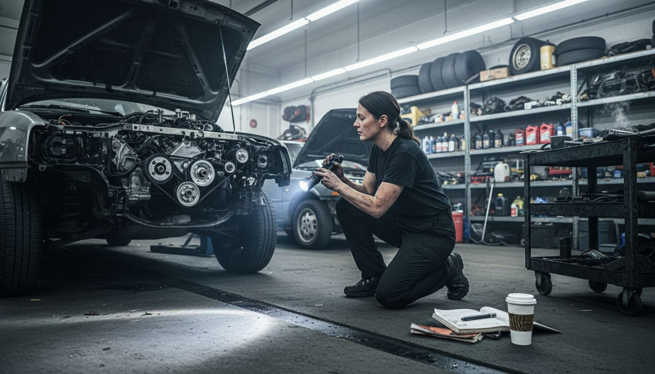 Mechanic inspecting salvage vehicle in garage