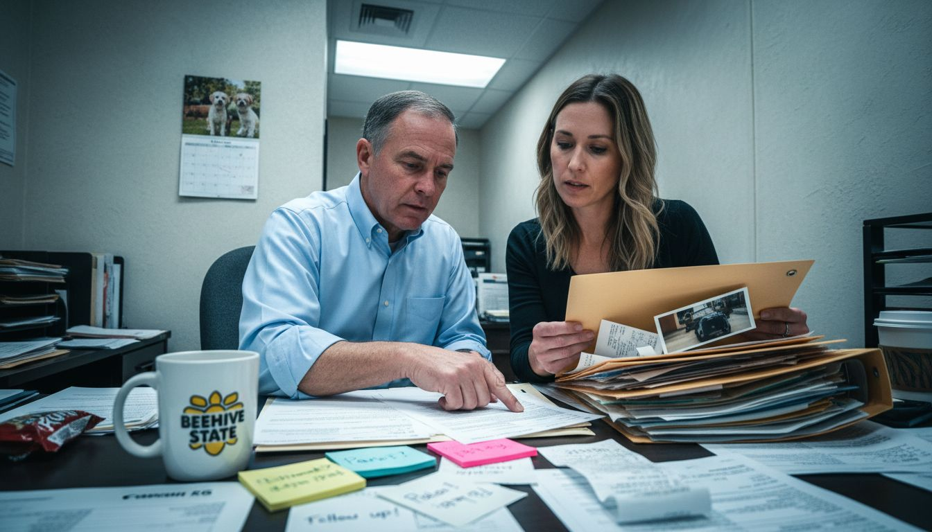 Insurance agent checks reconstructed vehicle papers