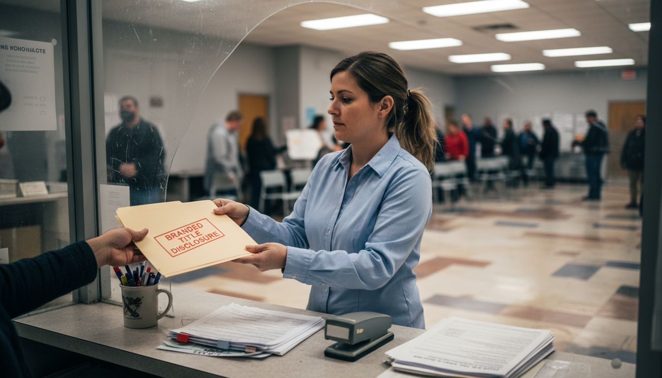 DMV clerk handing branded title disclosure folder