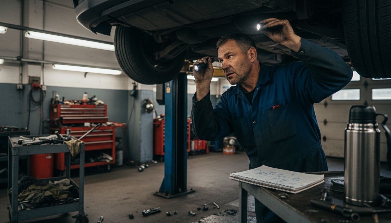 Mechanic inspects branded title car in garage