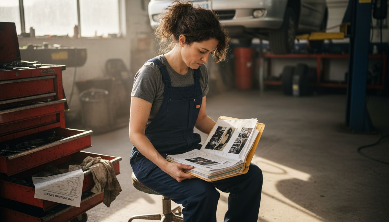 Mechanic checking car repair documentation