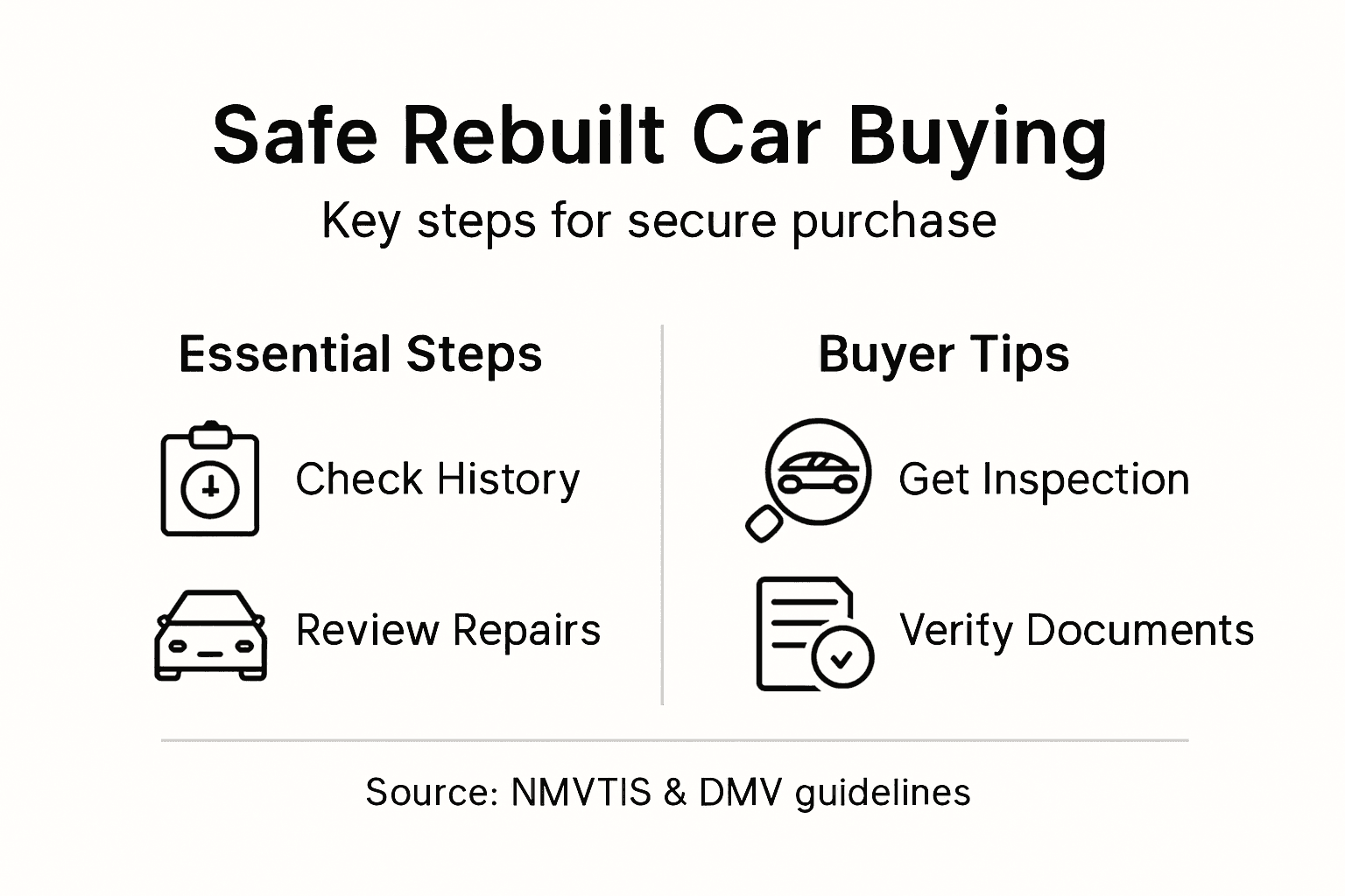 Infographic outlining safe rebuilt car buying steps