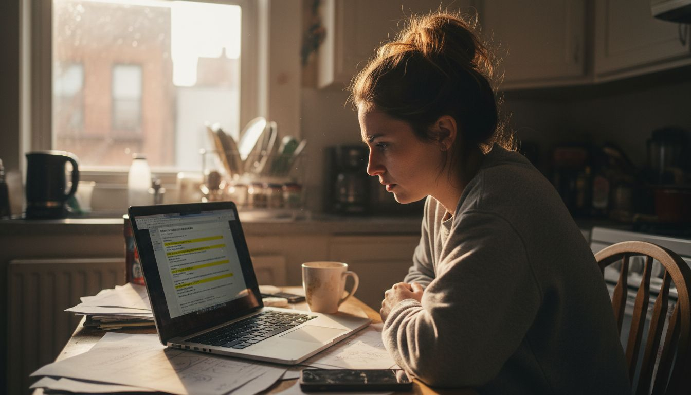 Woman checking car repair documents at table