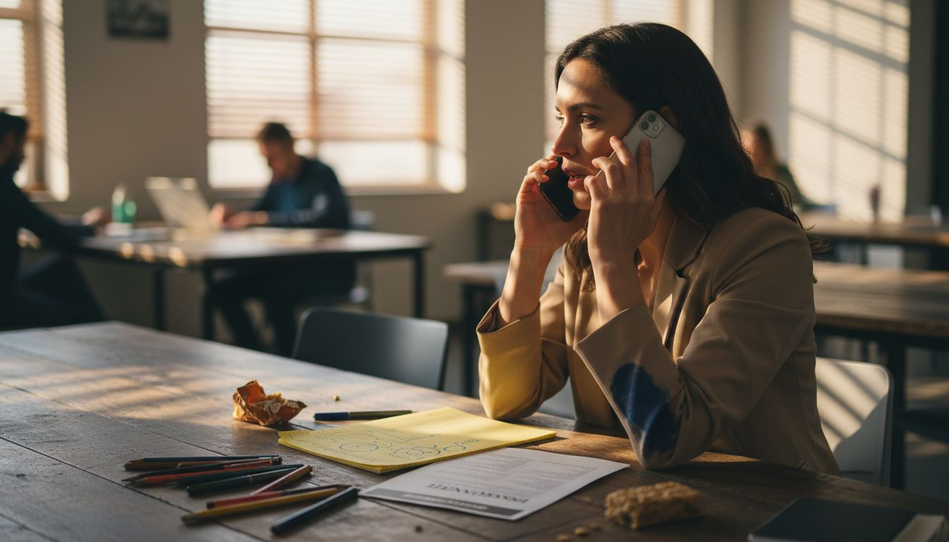 Insurance agent speaking on phone reviewing notes