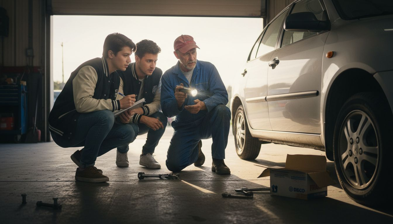 Mechanic and buyers inspect rebuilt car undercarriage