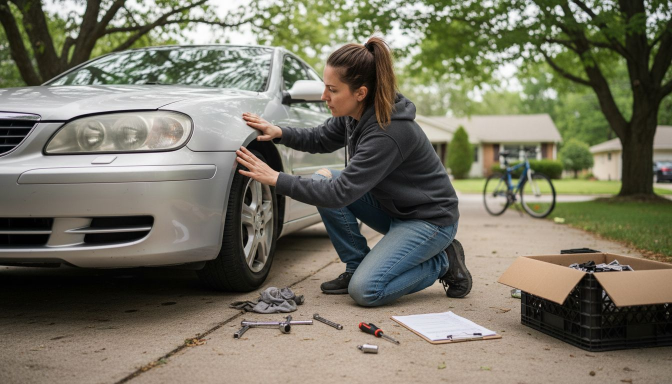 Woman checking salvage car repairs in driveway