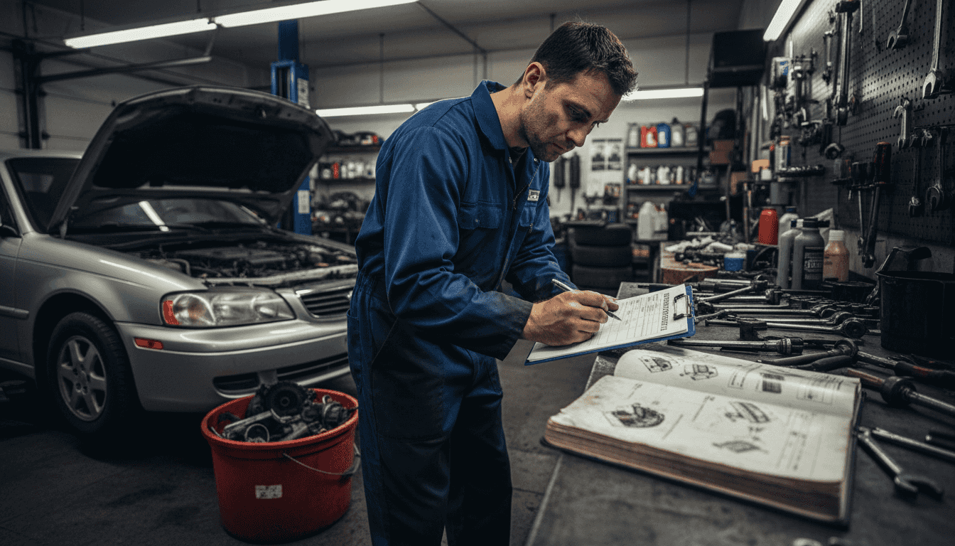 Mechanic inspecting car for rebuilt title