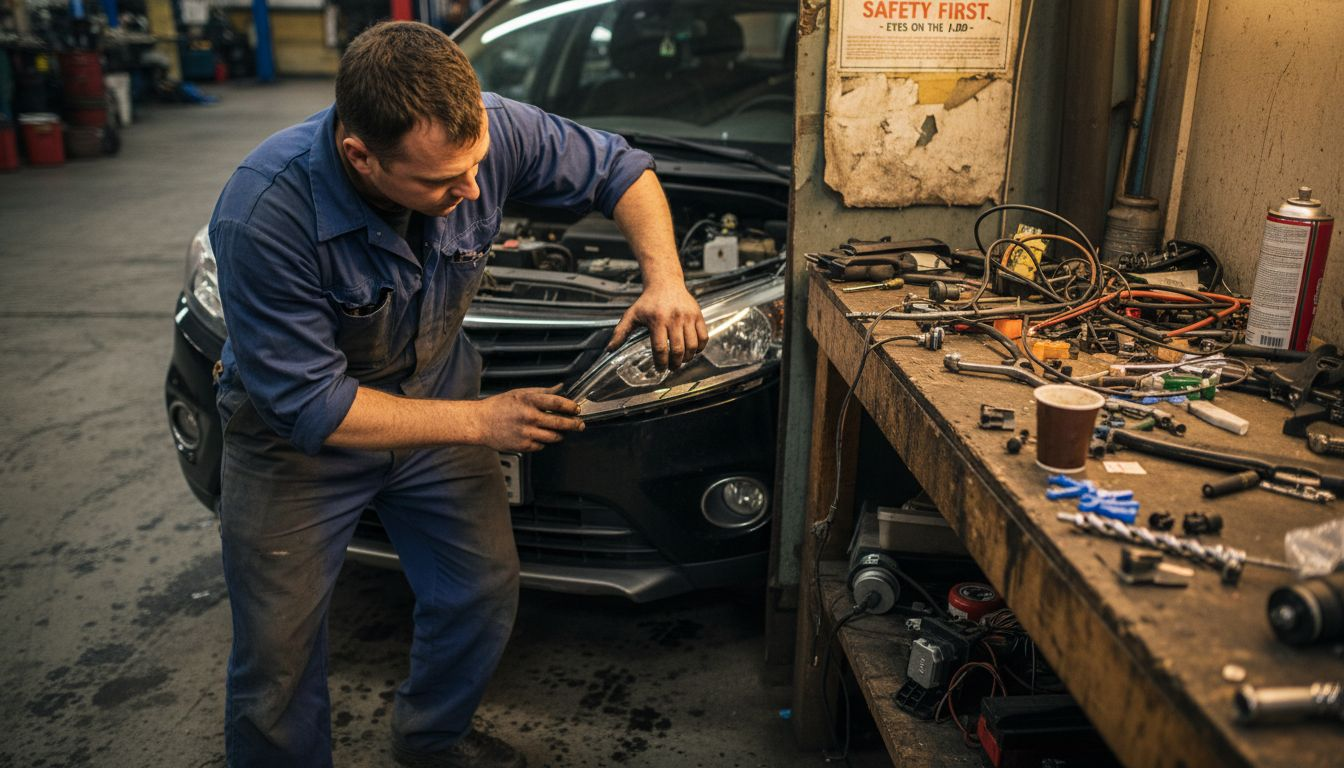 Technician replaces headlight in busy auto shop