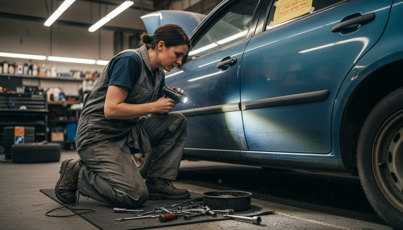 Mechanic inspecting rebuilt car Salt Lake City