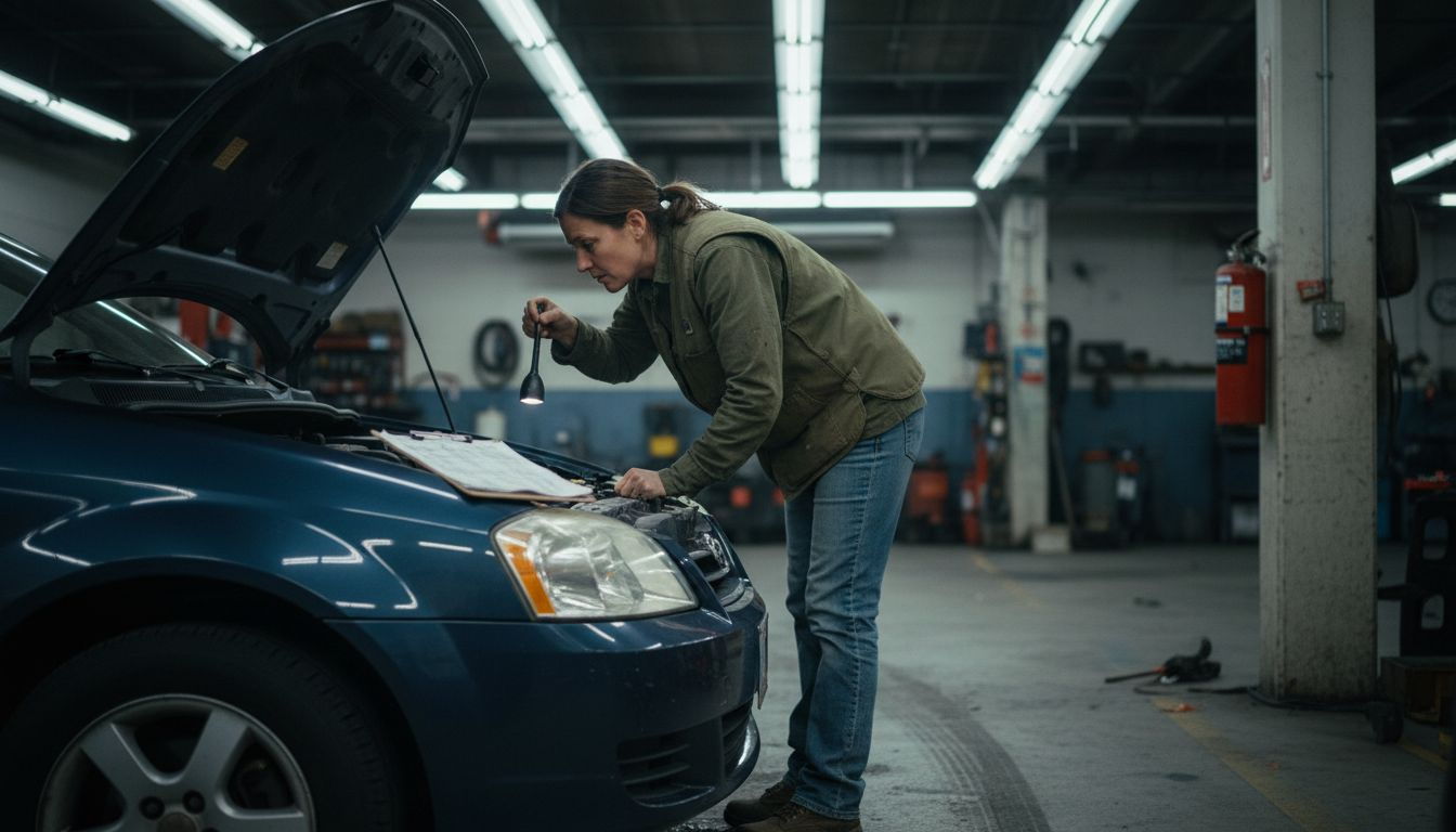Utah state inspection woman checking car engine