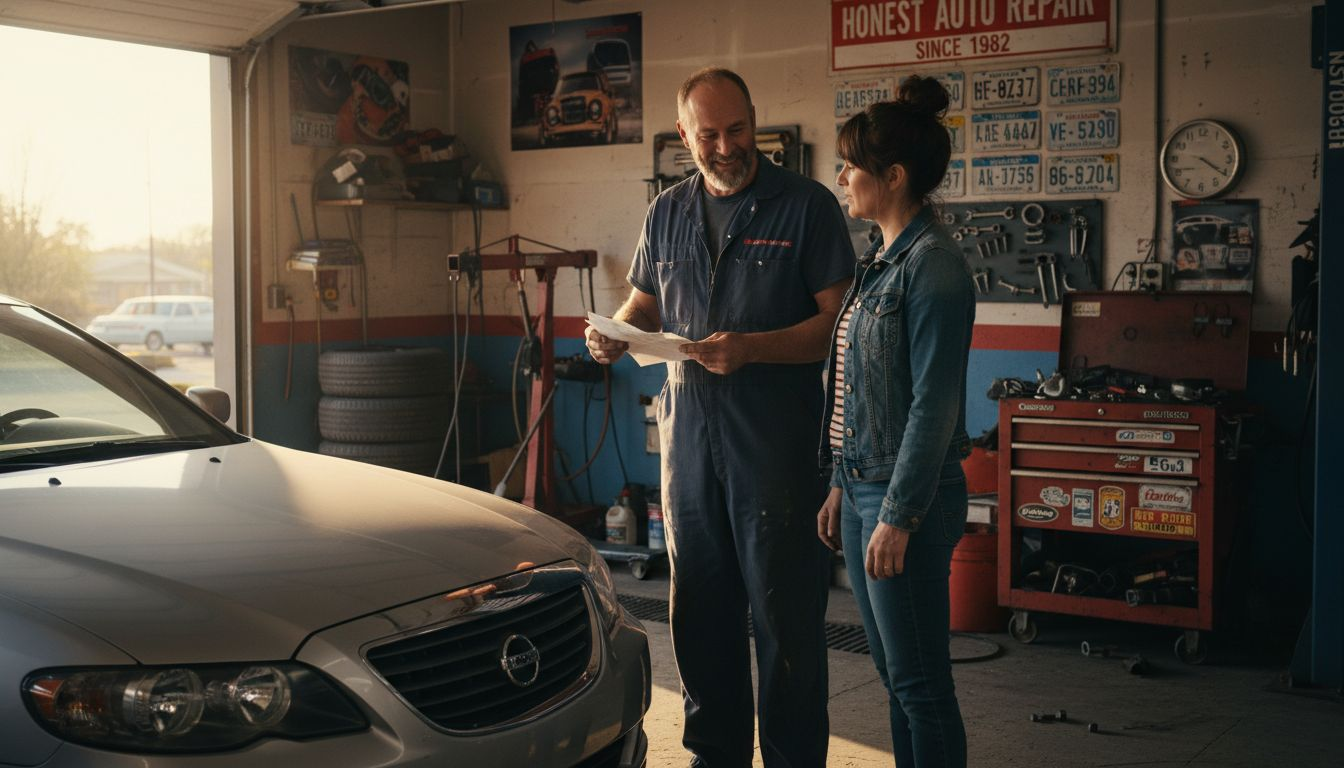 Mechanic discussing rebuilt title vehicle inspection