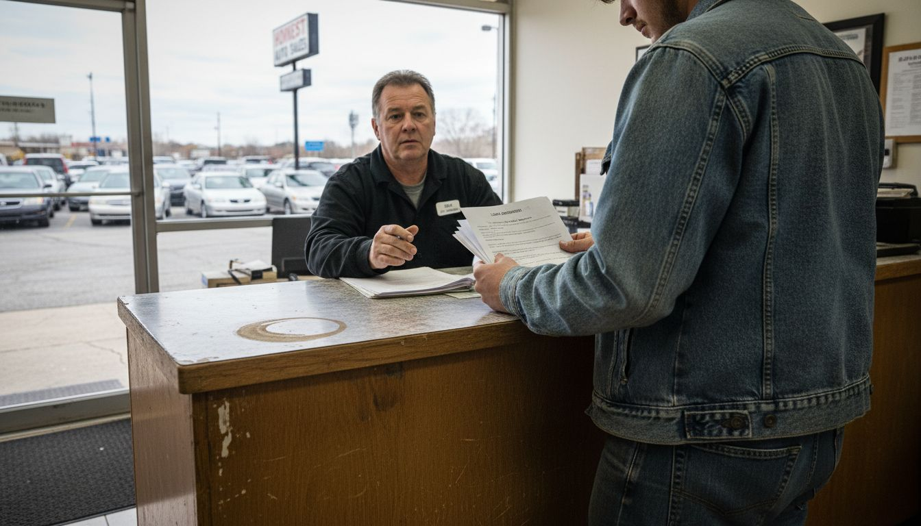 Buyer reviews paperwork at used car dealership