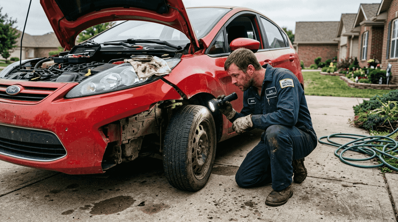 Mechanic inspects rebuilt car for safety