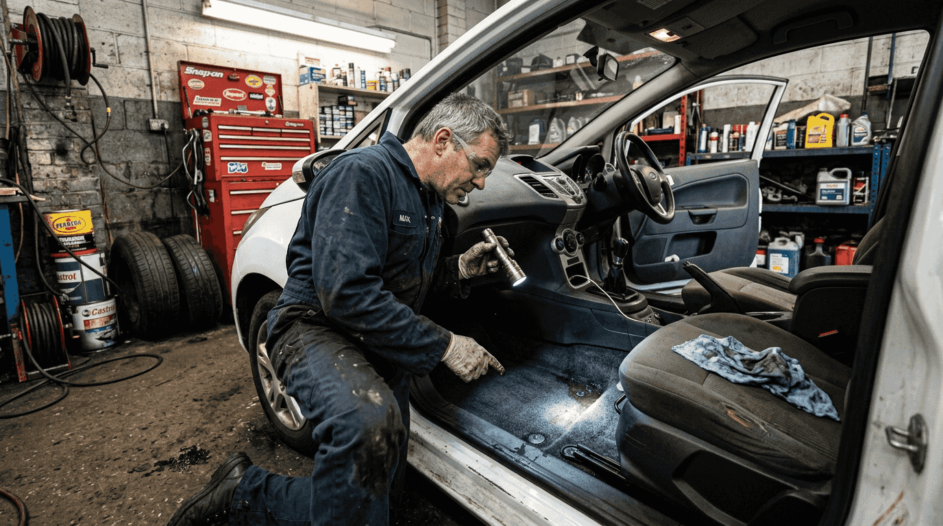 Mechanic checking car interior for water leaks