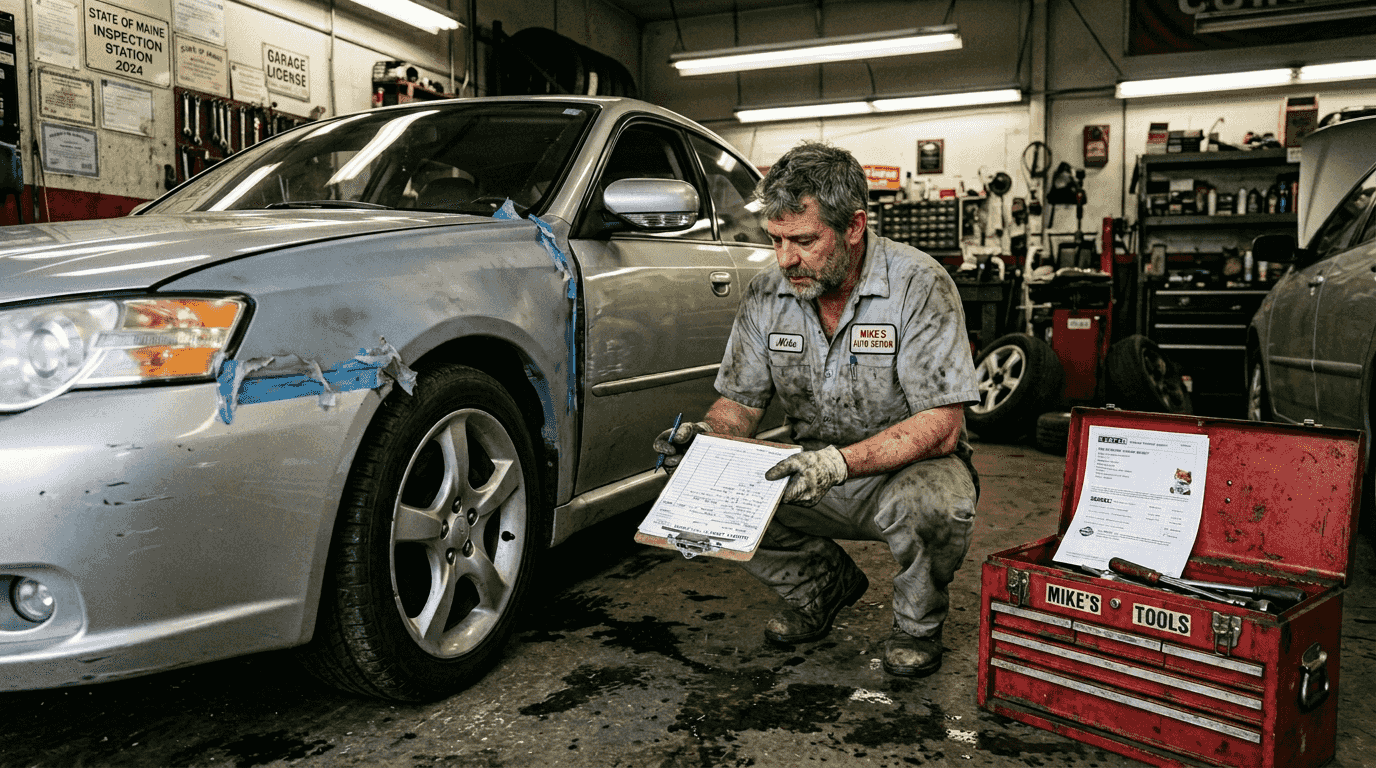 Mechanic inspects rebuilt title car in garage