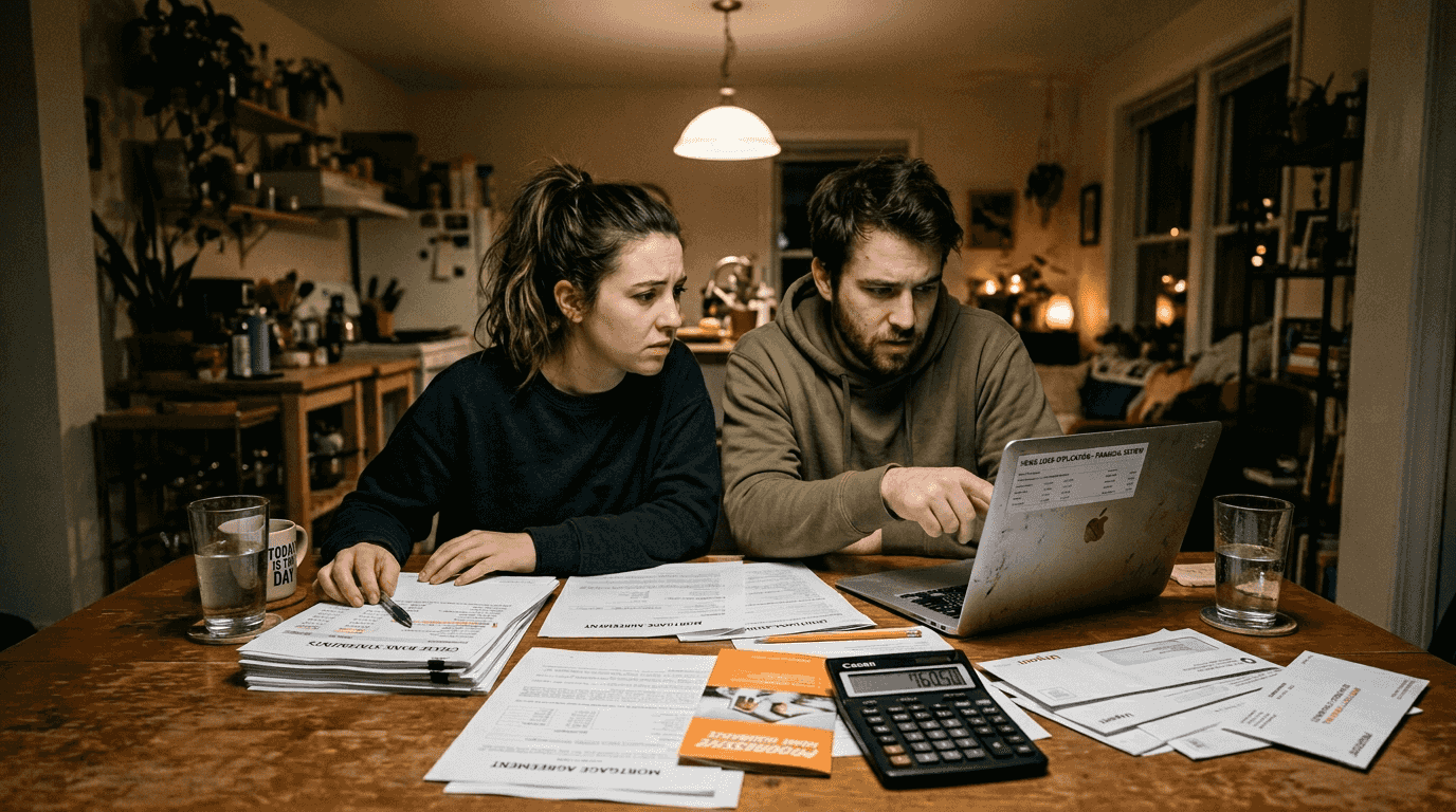 Couple reviewing rebuilt car loan paperwork
