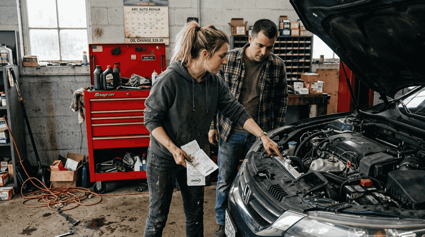 Seller explaining car repairs with receipts