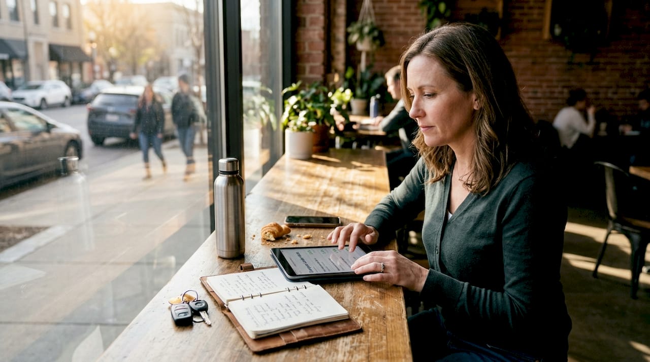 Woman comparing rebuilt title lenders on tablet
