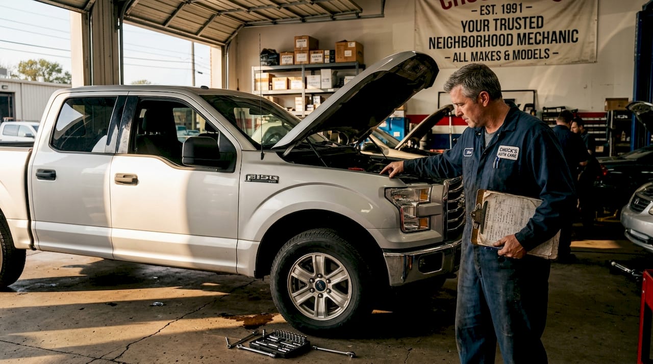 Mechanic inspects Ford pickup in garage