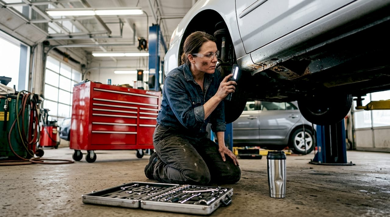 Mechanic inspecting car frame for damage