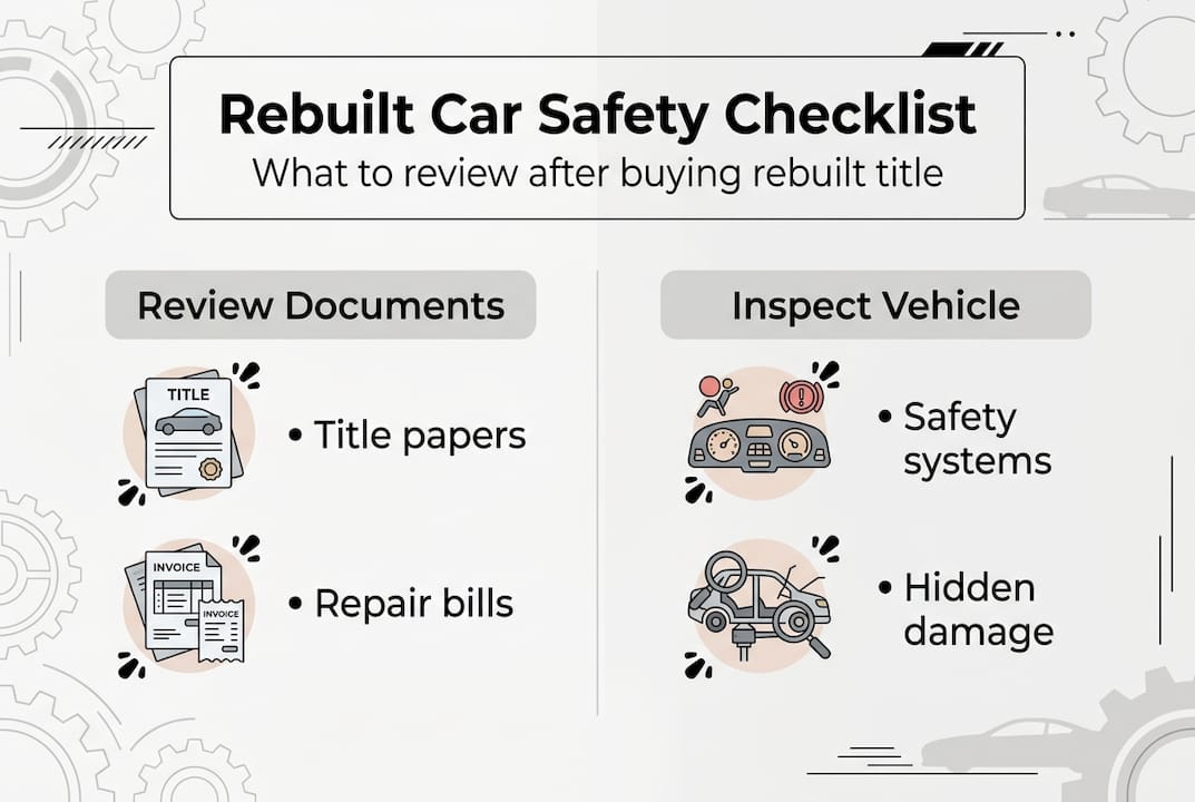 Infographic with rebuilt car safety checklist steps