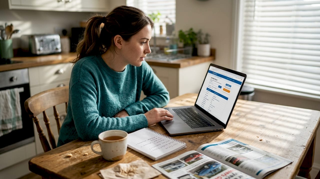 Woman checks car history report on laptop