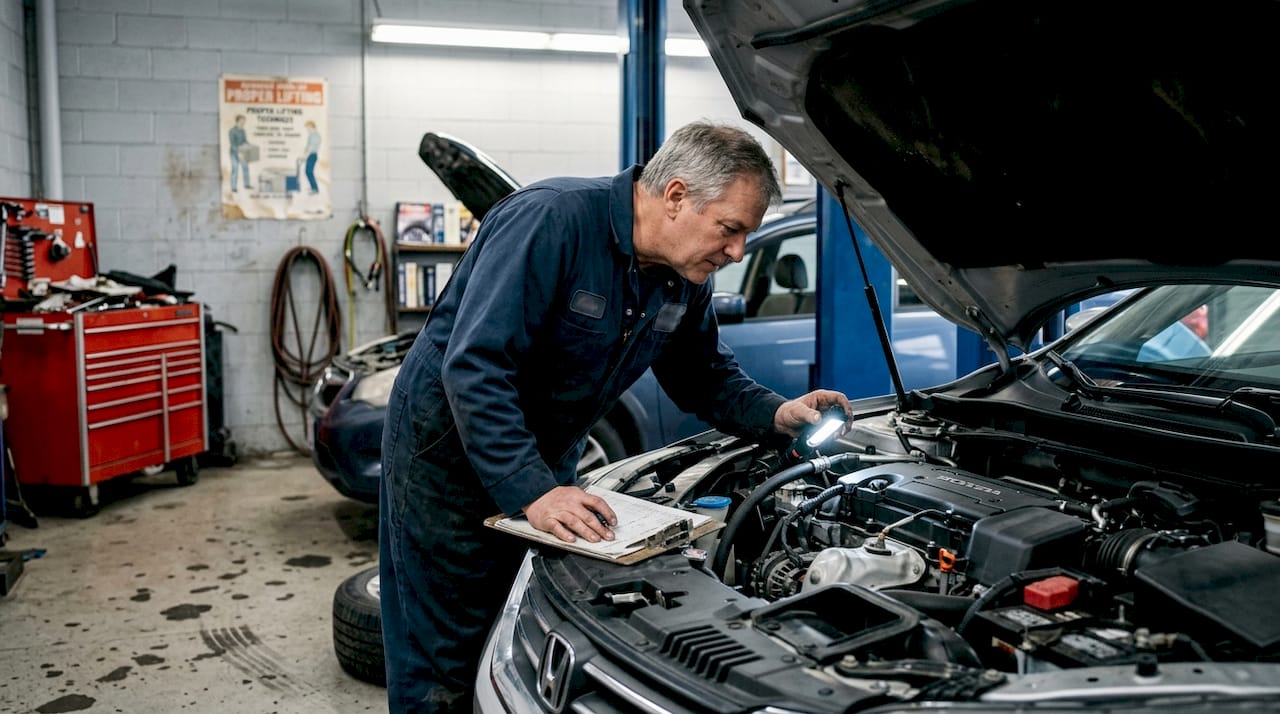 Mechanic inspects rebuilt Honda Accord engine
