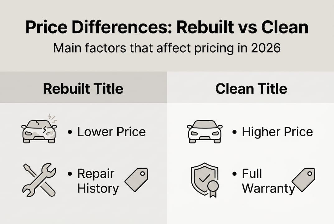 Infographic comparing rebuilt and clean title price factors