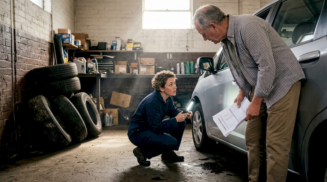 Mechanic inspects rebuilt vehicle with customer
